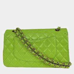 مملوكة مسبقًا Chanel Classic Double Flap Medium Green Lambskin Leather Shoulder Bag