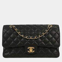 Pre Owned Chanel Black Calfskin Medium Classic Double Flap Shoulder Bag