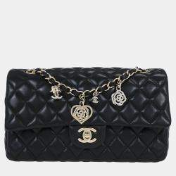 Pre Owned Chanel Black Lambskin Single Flap Shoulder Bag