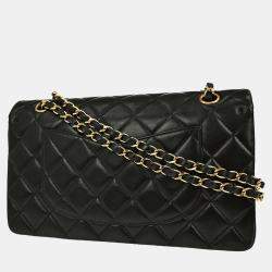 مملوكة مسبقًا حقيبة كتف شانيل متوسطة كلاسيكية مزدوجة رفرف جلد الأغنام سوداء