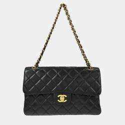 مملوكة مسبقًا حقيبة كتف شانيل جلد خروف أسود كلاسيكية بوجهين قابلة للطي