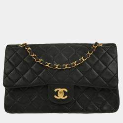 Pre Owned Chanel Black Lambskin Medium Classic Double Flap Shoulder Bag