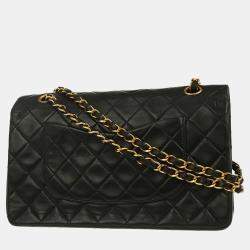Pre Owned Chanel Black Lambskin Medium Classic Double Flap Shoulder Bag