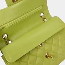 Pre Owned Chanel Green Lambskin Small Classic Double Flap Shoulder Bag