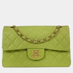 Pre Owned Chanel Green Lambskin Small Classic Double Flap Shoulder Bag