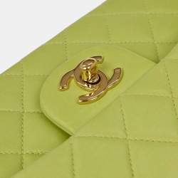 Pre Owned Chanel Green Lambskin Small Classic Double Flap Shoulder Bag