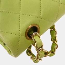 Pre Owned Chanel Green Lambskin Small Classic Double Flap Shoulder Bag