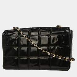 Pre Owned Chanel Black Patent Leather Choco Bar Single Flap Shoulder Bag