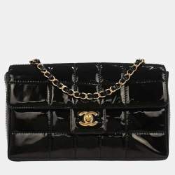 Pre Owned Chanel Black Patent Leather Choco Bar Single Flap Shoulder Bag