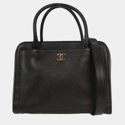 Pre Owned شنيل حقيبة يد جلد عجل أسود