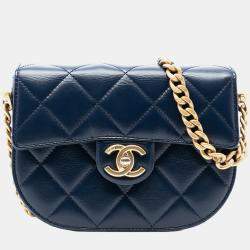 Pre Owned Chanel Blue Mini CC Quilted Shiny Calfskin Round Moon Messenger Flap