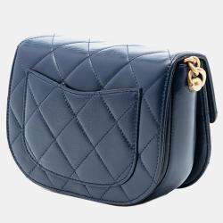 Pre Owned Chanel Blue Mini CC Quilted Shiny Calfskin Round Moon Messenger Flap