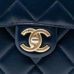 Pre Owned Chanel Blue Mini CC Quilted Shiny Calfskin Round Moon Messenger Flap