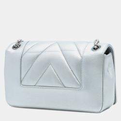 Pre Owned Chanel Silver Mini Quilted Chevron Sheepskin Mademoiselle Vintage Flap