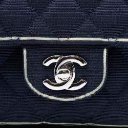 Pre Owned Chanel Blue White Medium Classic Printed Grosgrain Double Flap