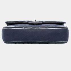 Pre Owned Chanel Blue White Medium Classic Printed Grosgrain Double Flap