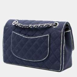Pre Owned Chanel Blue White Medium Classic Printed Grosgrain Double Flap