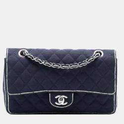 Pre Owned Chanel Blue White Medium Classic Printed Grosgrain Double Flap