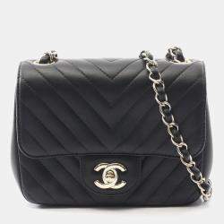 Pre Owned Chanel Chevron V-Stitch Black Lambskin Leather Shoulder Bag
