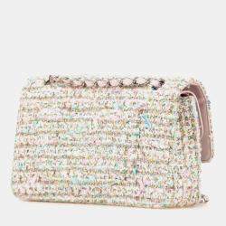 Pre Owned Chanel Matelasse 25 Coco Mark Double Flap Silver Hardware Chain Shoulder Bag Pink White Multicolor Tweed Leather