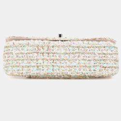 Pre Owned Chanel Matelasse 25 Coco Mark Double Flap Silver Hardware Chain Shoulder Bag Pink White Multicolor Tweed Leather