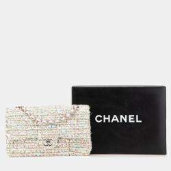 Pre Owned Chanel Matelasse 25 Coco Mark Double Flap Silver Hardware Chain Shoulder Bag Pink White Multicolor Tweed Leather