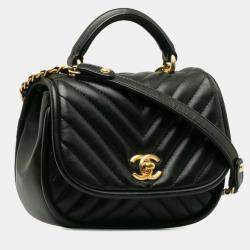 Pre Owned حقيبة شانيل كوكو مارك سلسلة حاملة عبر الجسم بمقبض علوي ملون V جلد أسود