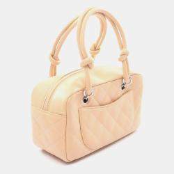 Pre Owned Chanel Cambon Mini Bowling Bag Handbag Leather Patent Beige