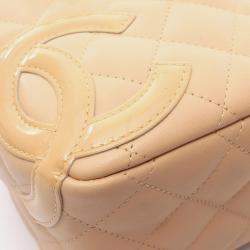 Pre Owned Chanel Cambon Mini Bowling Bag Handbag Leather Patent Beige