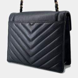Pre Owned حقيبة كتف سلسلة شانيل غرز على شكل V جلد حملان سوداء