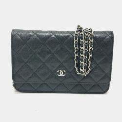 Pre Owned Chanel Matelasse Chain Wallet Shoulder Bag In Caviar Leather Black