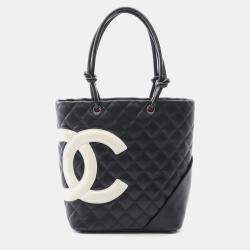 Pre Owned حقيبة يد توت شانيل كامبون متوسطة جلد سوداء وبيضاء