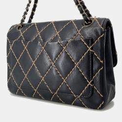 Pre Owned Chanel Chain Shoulder Bag Matelasse Coco Mark Wild Stitch Double Lambskin Black