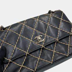 Pre Owned Chanel Chain Shoulder Bag Matelasse Coco Mark Wild Stitch Double Lambskin Black