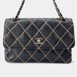 Pre Owned Chanel Chain Shoulder Bag Matelasse Coco Mark Wild Stitch Double Lambskin Black