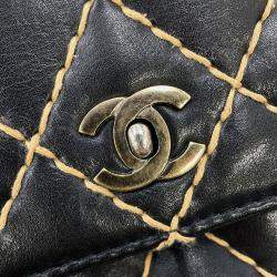 Pre Owned Chanel Chain Shoulder Bag Matelasse Coco Mark Wild Stitch Double Lambskin Black
