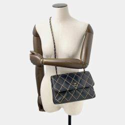 Pre Owned Chanel Chain Shoulder Bag Matelasse Coco Mark Wild Stitch Double Lambskin Black
