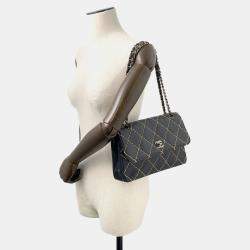 Pre Owned Chanel Chain Shoulder Bag Matelasse Coco Mark Wild Stitch Double Lambskin Black