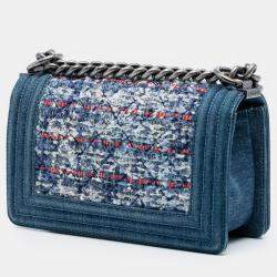 Pre Owned Chanel Blue Small Quilted Denim and Tweed Boy Flap