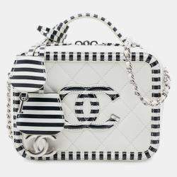 Pre Owned Chanel White Small Caviar Striped CC Filigree Vanity Case