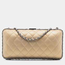 Pre Owned Chanel Gold Quilted Metallic Suede Chain Around Evening Clutch on Chain