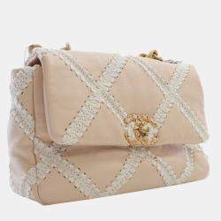 Pre Owned Chanel Brown White Medium Crochet Calfskin 19 Flap