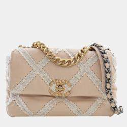Pre Owned Chanel Brown White Medium Crochet Calfskin 19 Flap