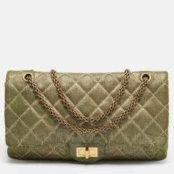 مملوكة مسبقًا حقيبة بقلاب شانيل ريشيو 2.55 227 قماش دِنم متلألئ أخضر/ذهبي مبطن