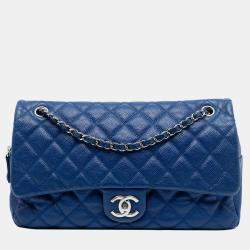 Pre Owned Chanel Blue Jumbo Quilted Caviar Easy Flap