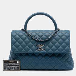 مملوكة مسبقًا حقيبة شانيل كوكو بمقبض علوي كافيار مبطن أزرق متوسط