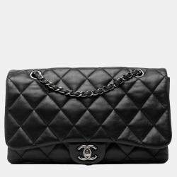 Pre Owned Chanel Black Jumbo Classic Lambskin 3 Compartment Flap