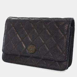 مملوكة مسبقًا Chanel Black Metallic Quilted Leather Tartan Button Wallet On Chain (WOC)
