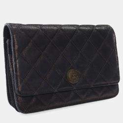 مملوكة مسبقًا Chanel Black Metallic Quilted Leather Tartan Button Wallet On Chain (WOC)