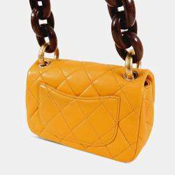 Pre Owned Chanel Yellow Mini Square Lambskin Wenge Wood Flap